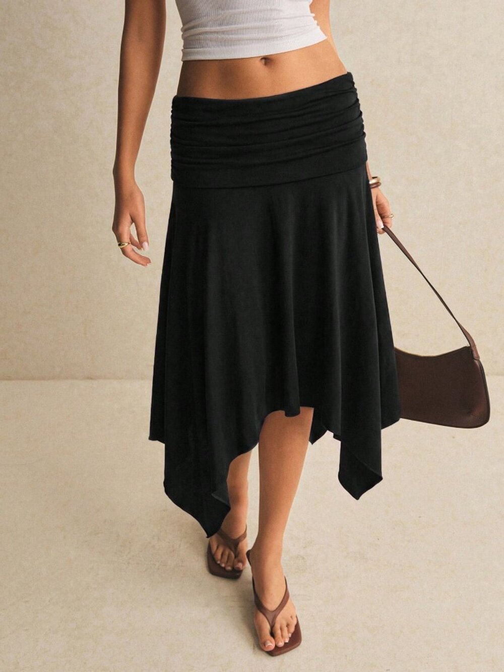 Black Casual Women's Loose Asymmetric Ruched Plain Knee-Length Skirt